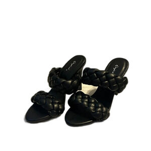 Qupid Black Braided Heeled Mule Sandals